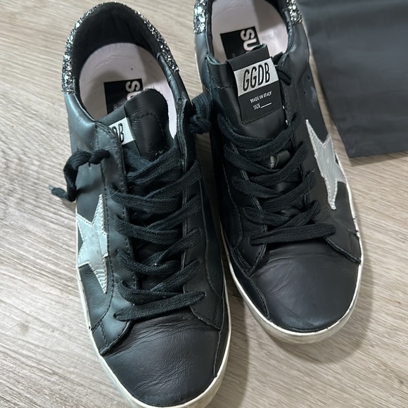 GOLDEN GOOSE SNEAKERS SUPERSTAR BLACK SILVER GLITTER HEEL SIZE 38 - Picture 7 of 13